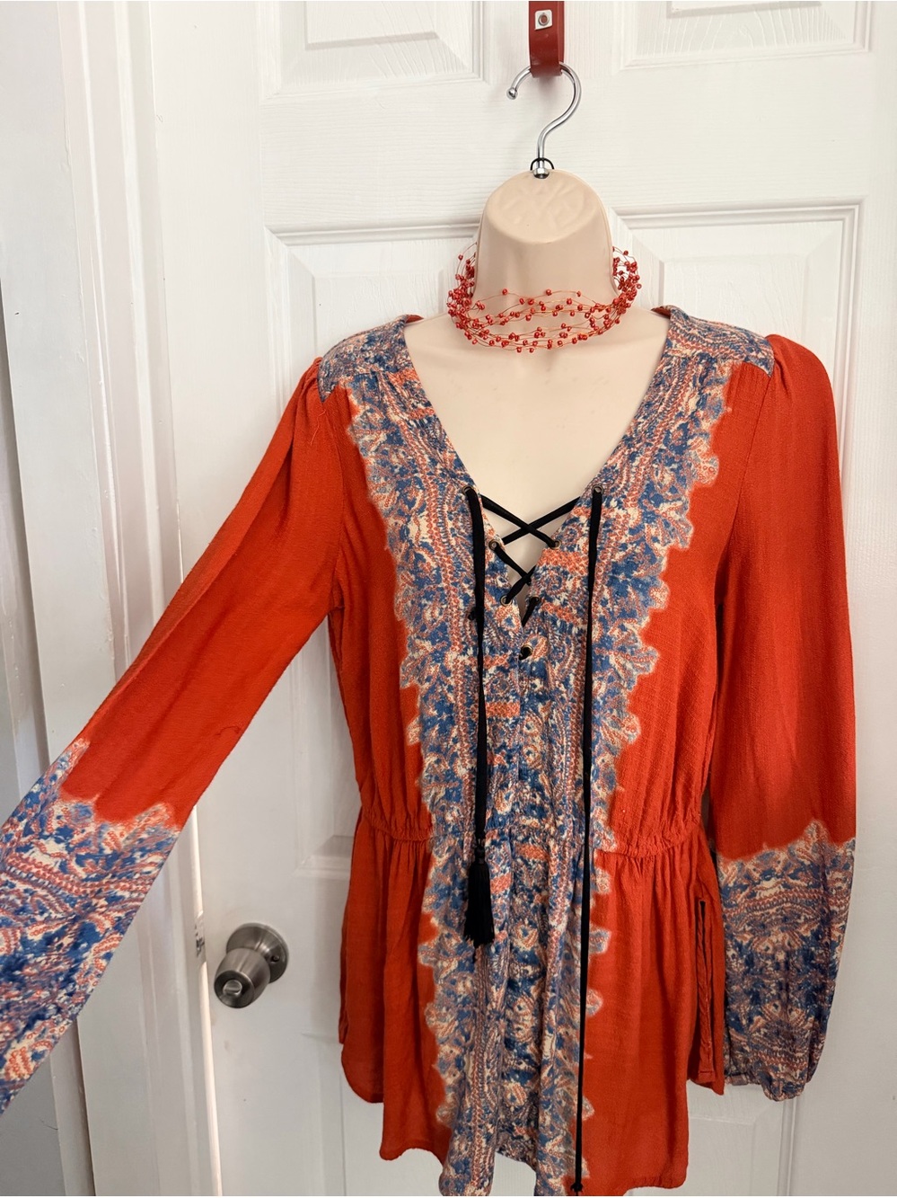 Free People Rust Orange Lace-Up Boho Tunic Dress with Blue Paisley